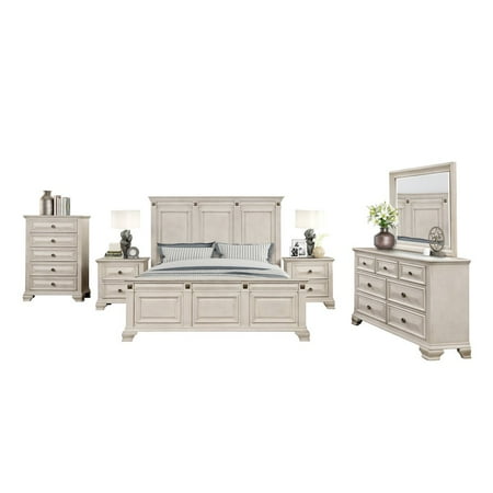 Renova Distressed Parchment Wood Bedroom Set, King Panel Bed, Dresser, Mirror, Two Nightstands, Chest