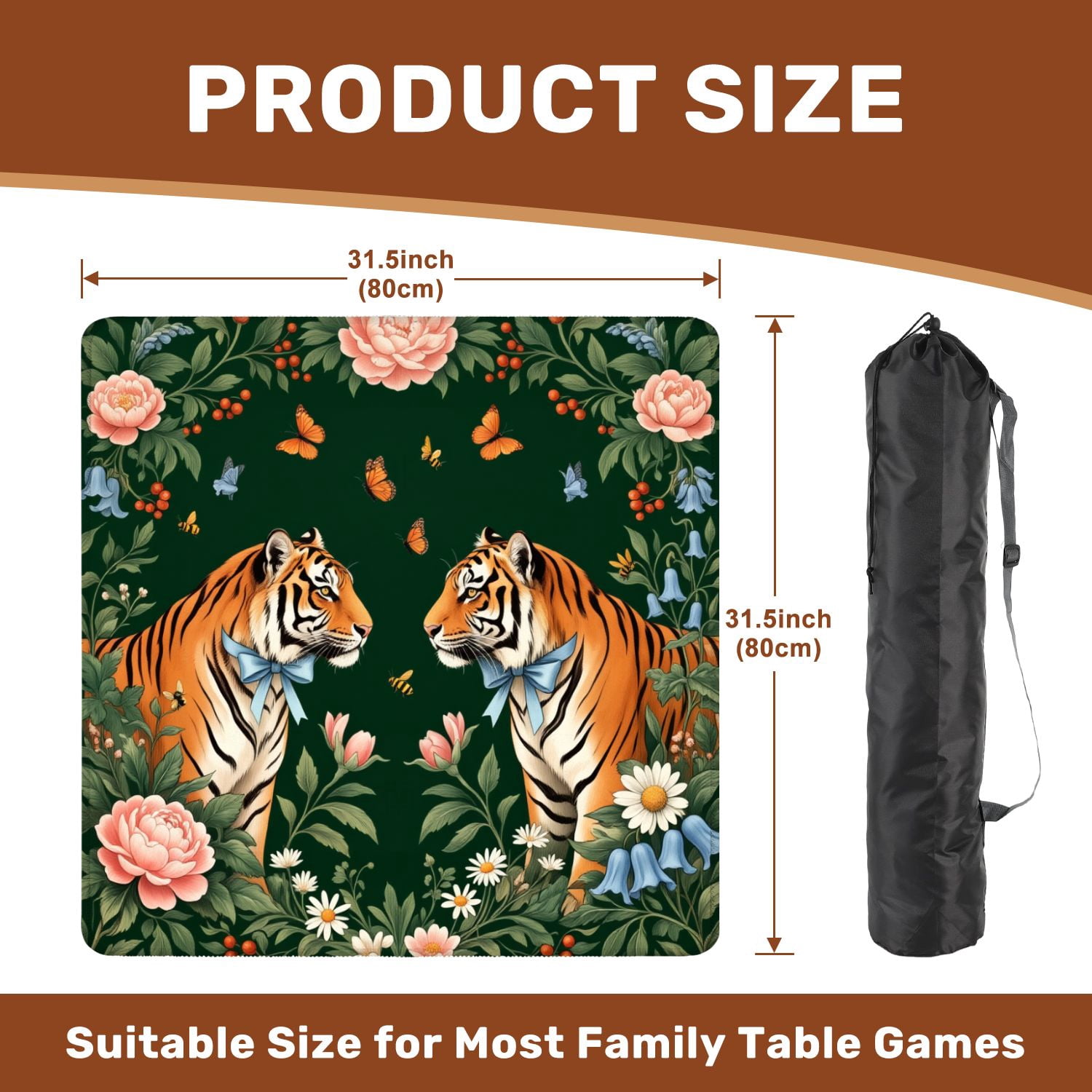 Mahjong Mat 31.5" x 31.5" Pair Tigers Blue Bows Surrounded by Colorful Flowers Butterflies Non-Slip Noise Reduction American Mahjong Tiles Table Cover for Dominoes Poker Card Board Games Gift
