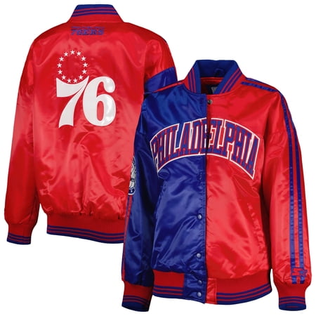 Women s Starter Royal/Red Philadelphia 76ers Split Colorblock Satin Full-Snap Varsity Jacket
