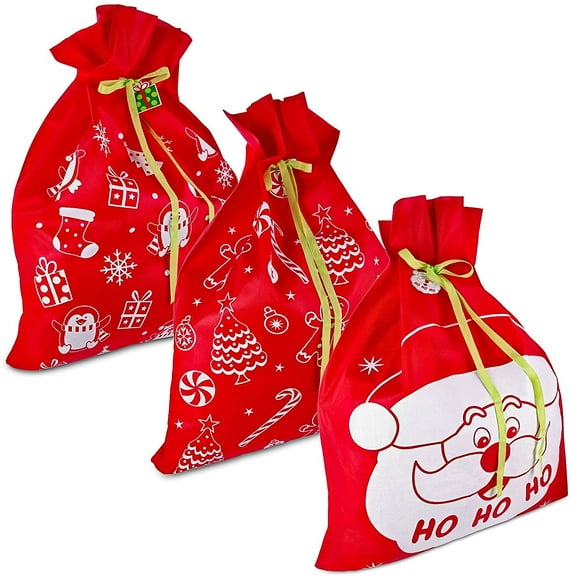 Black Duck Brand Set of 3 Giant Christmas Gift Bags 35" x 44" - Reusable Made of Durable Fabric with Ribbon Tie for Holiday Wrapping of Larger Oversized Gifts