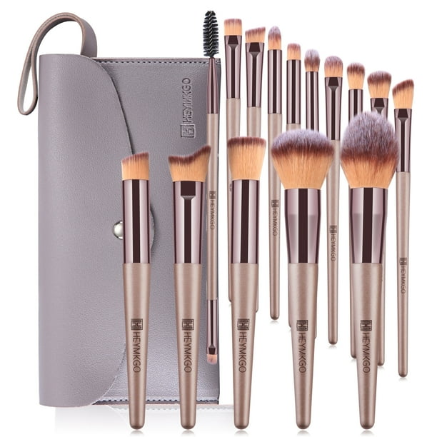 HEYMKGO Set de 15 Pinceles Oro Champán - Brochas Profesionales para Base, Rubor y Sombrias | Incluye Estuche de Piel PU | Kit Completo de Maquillaje
