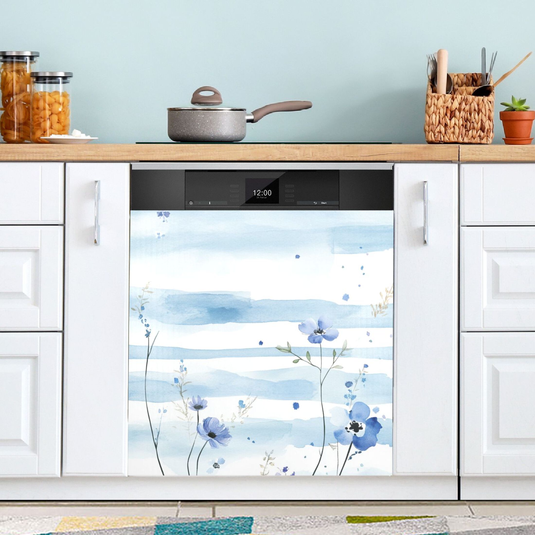 Dishwasher Magnetic Sticker 23x26 Inch Refrigerator Magnetic Sticker Washing Machine Magnetic Sticker Kitchen Panel Magnetic Sticker Home Decor Beautiful Blue Cartoon Flower
