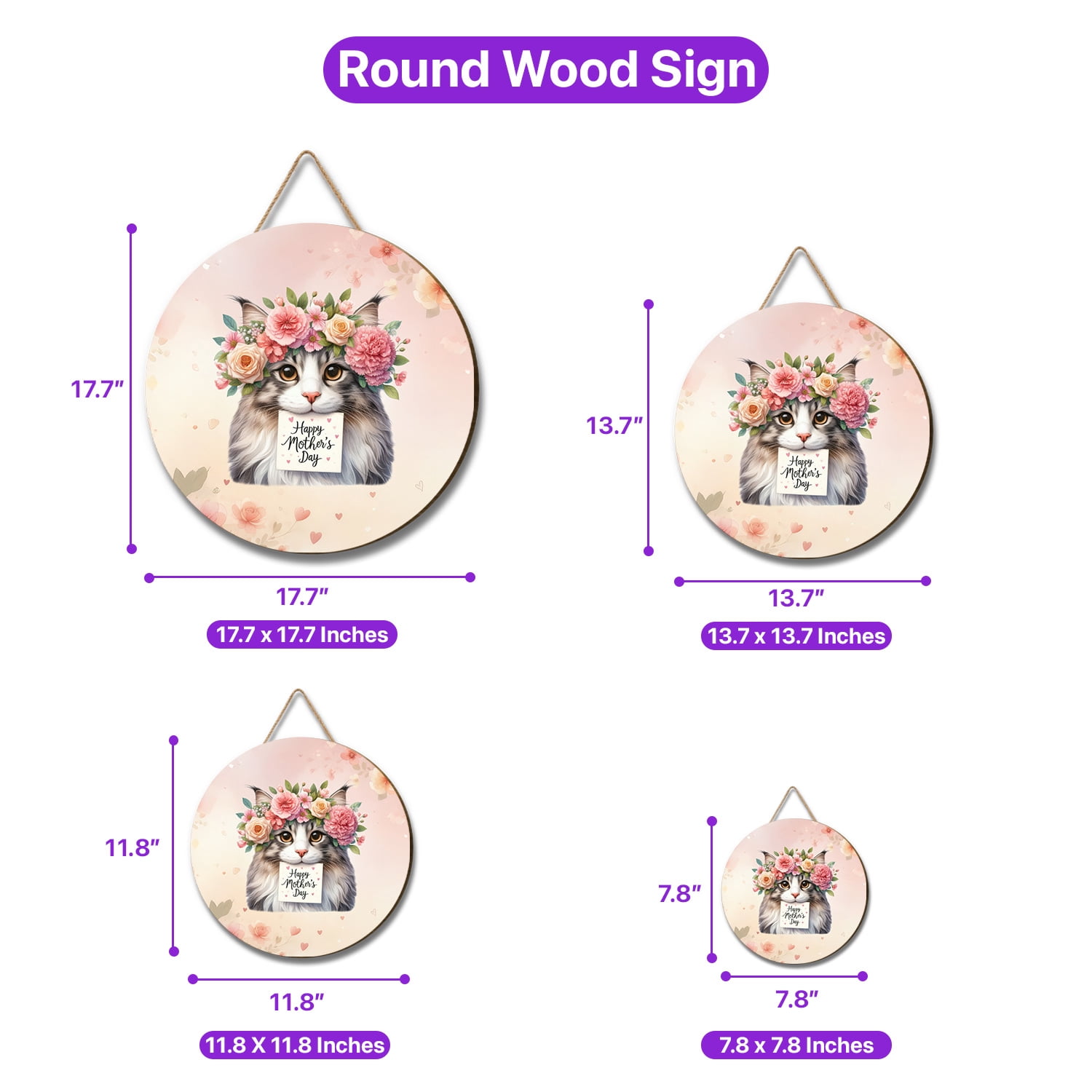 Happy Mother's Day Maine Coon with Flower Crown and Greeting Card Round Wood Sign Cat Lover Kitten Owner Gifts Hanging Wall Home Decor - 13004