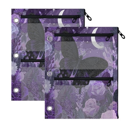 2 Pack 3-Ring Binder Pencil Pouch with Clear PVC Windows Witchy Crescent Moon Butterfly Print Large Capacity Stationery Bag for Classroom Office Supplies