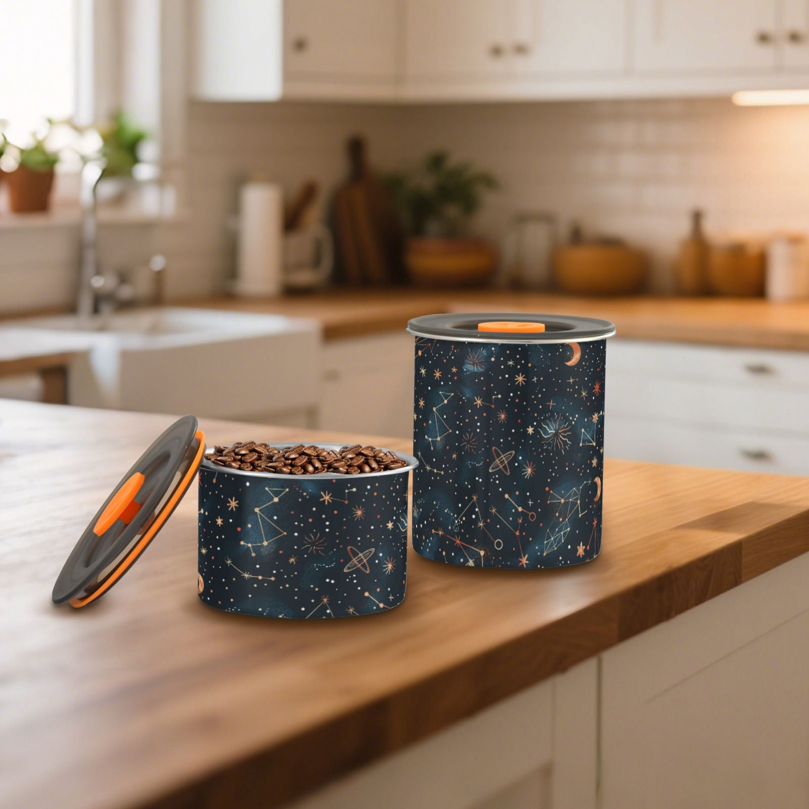 Constellation Moon Stars Airtight Coffee Bean Canister 30oz Food Storage Containers with Lids For Gournd, Tea, Sugar, Flour, Rice, Cereal, Candy Cookie Jar