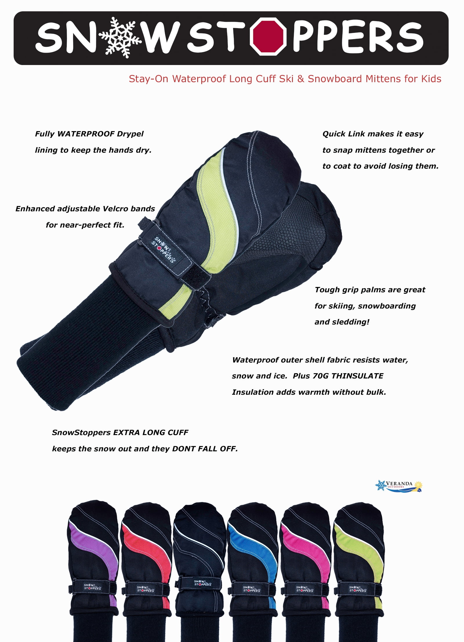 SnowStoppers Kids Ski & Snowboard Mittens (Small, Lime)