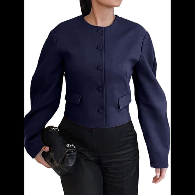 Blazer Corto con Botones para Mujer, Ropa Informal de Negocios para Otoño e Invierno. Azul Oscuro M