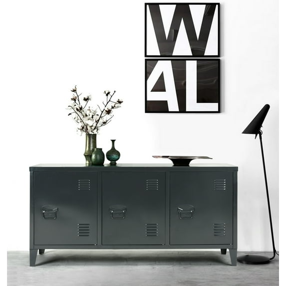 FurnitureR storage cabinet, industrial metal side panel storage cabinet, three door storage cabinet, black floor storage cabinet, living room multifunctional storage cabinet