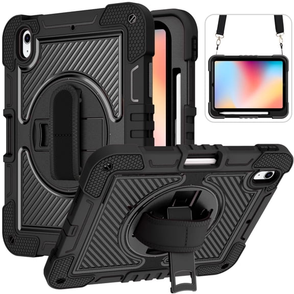 Heavy Duty Rugged Case For iPad (A16) 11th Gen / 10th Gen Shockproof Cover with Rotatable Stand & Shoulder Strap & Hand Strap & Pencil Holder