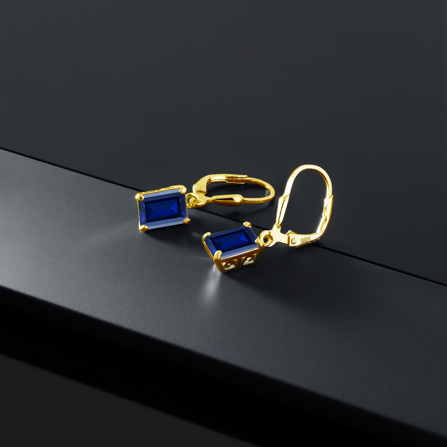 Gem Stone King 18K Yellow Gold Plated Silver Blue Created Sapphire Dangle Earrings for Women (3.00 Cttw, Gemstone September Birthstone, Octagon 8X6MM)