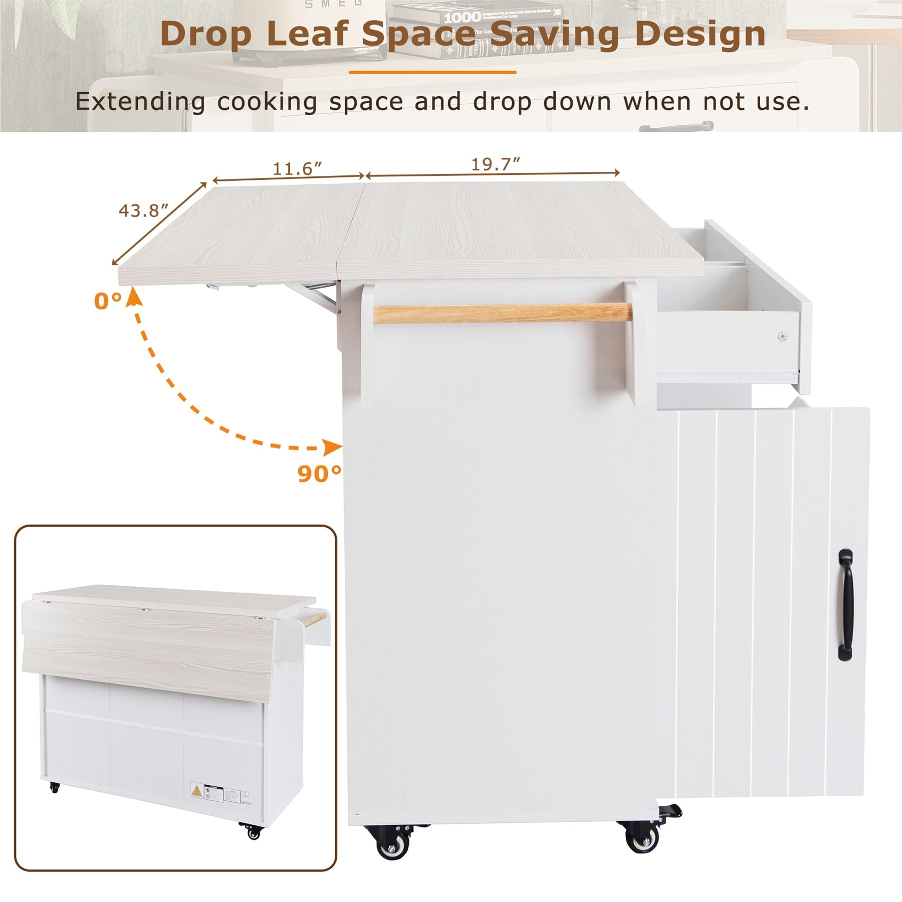 Alvantor Kitchen Island Carts with Trash Can, Rolling Buffet Cabinet with Drop Leaf,Spice Rack and Towel Rack for Dining Room Living Room Oak