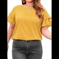 thumbnail image 3 of Camiseta Holgada de Cuello Redondo con Lunares y Corta con Volantes para Mujer, Talla Grande Amarillo 4XL, 3 of 9