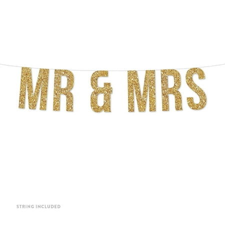 Mr And Mrs Silver Banner Gold Mr. & Mrs. Real Glitter Paper Pennant Hanging Banner Includes String No Assembly Required ()