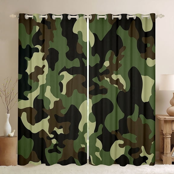 Castle Fairy Brown Green Camo Black Out Curtains for Kids Children Teens,Plaid Camouflage Curtains Pack of 2 (42x63 Each),Abstract Geometric Bedroom Curtains,Super Cozy Room Decor