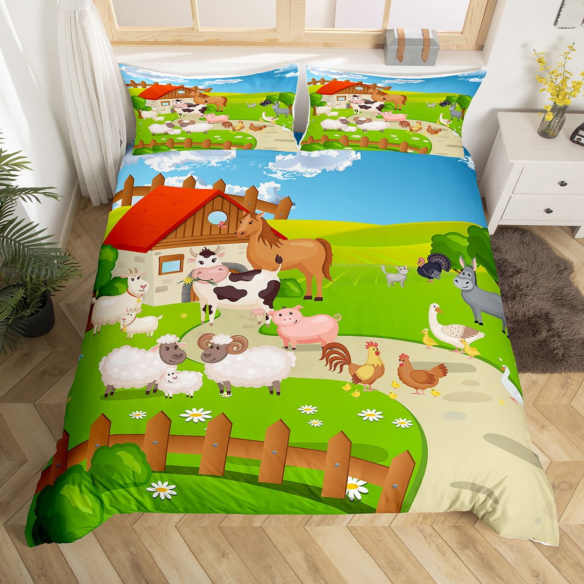 YST Kids Farm Animal Bedding Set Full Boys Girls Cartoon Farmhouse Comforter Cover Sheep Chicken