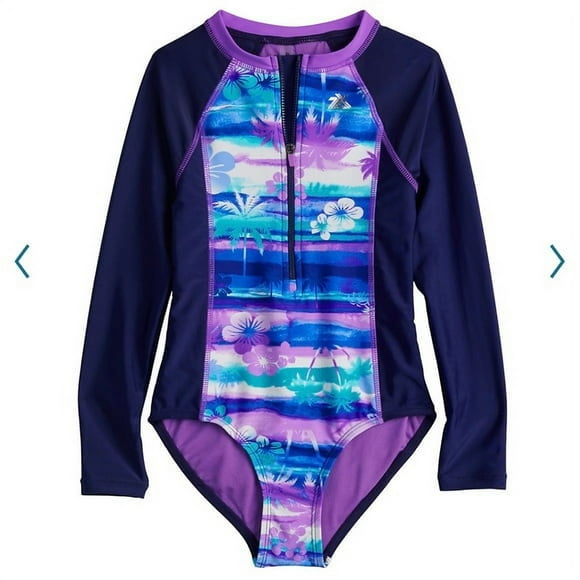 ZeroXposur Maillot de Bain une Pièce à Manches Longues avec Fermeture Éclair en Régulier & Plus, Fille, Taille : XX Petit (4/5), Bleu Marine Violet Brume