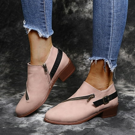 

Juebong Boots Deals Women Leather Flat Booties Round Toe Zipper Lightweight Short Shoes Square Heel Vintage Buckle Booties