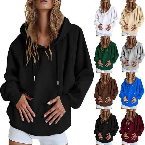 Gmluru Women's Hoodies Sweatshirts Cute Solid Long Sleeve Pullover Shirts with Pocket Black 2XL