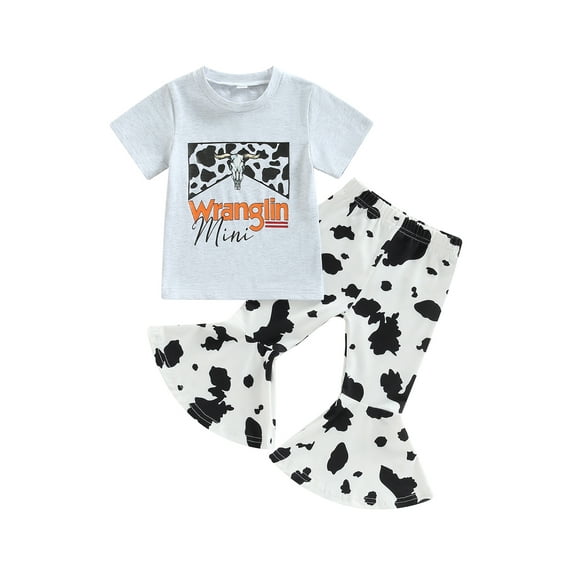 Bagilaanoe 2pcs Toddler Baby Girl Long Pants Set Letters Print Short Sleeve Sleeve T Shirts Tops   Flare Trousers 18M 24M 3T 4T 5T 6T Kids Casual Outfits