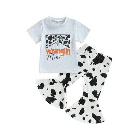 

Western Baby Girl Clothes Letters Print Short Sleeve T-Shirt Tops Cow Print Flared Pants Set Bell Bottom Outfit
