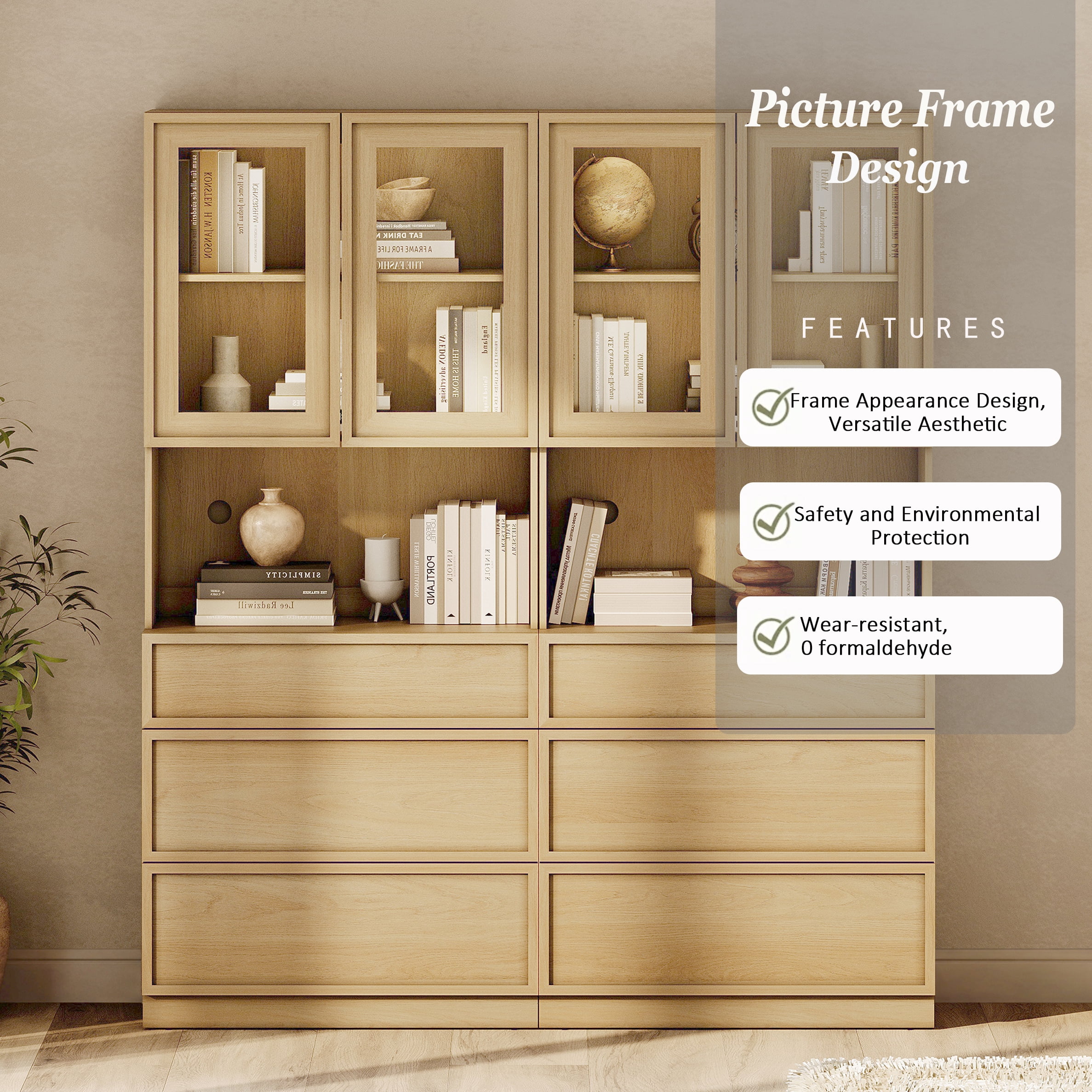 Modern 72" Tall Bookshelf with 6 Drawers and Book Shelves, Library Bookcase with Storage Cabinet and Glass Display Shelves,Oak