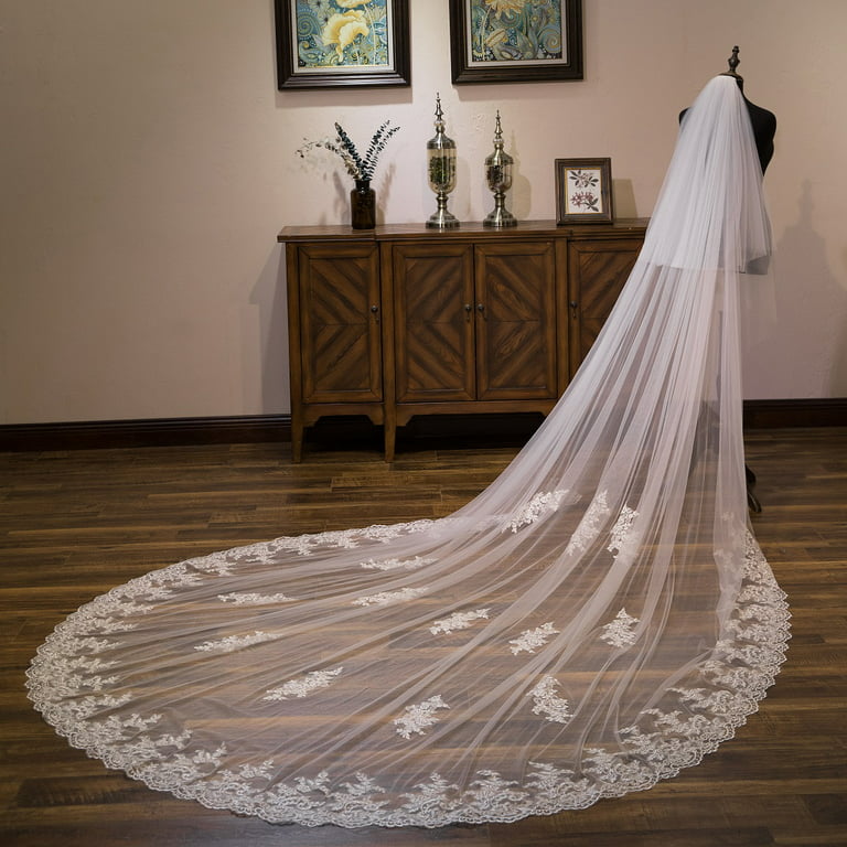 EllieWely 2 Tier Wedding Veil Cathedral Length 3.5 M(138 inch) Lace Bridal  Veil With Metal Comb L80 Ivory 