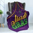 thumbnail image 4 of Mardi Gras Soft Flannel Fleece Throw Blanket, Beads and Tassels Masquerade Theme Calligraphy Design Fun Print, Cozy Plush for Indoor and Outdoor Use, 60" x 80", Fern Green Marigold, by Ambesonne, 4 of 5