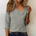 thumbnail image 2 of Womens Cotton Linen Shirts Summer Trendy Shirts 3/4 Sleeve V Neck Blouses Button Down Gauze Tees Casual Solid Color Tops Dark Gray 2XL, 2 of 6