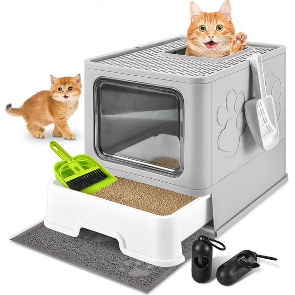 Cat Litter Box with Litter Mat Foldable Extra Large Free in and Out/One-Way with Lid Drawer Type Enclosed Kitty Litter Box Odor Control Anti-Splashing Easy Cleaning Light Grey