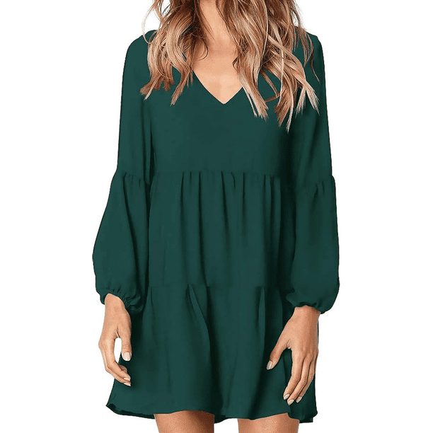 Vestido túnica de verano para mujer, cuello en V, informal, suelto, fluido, con vuelo