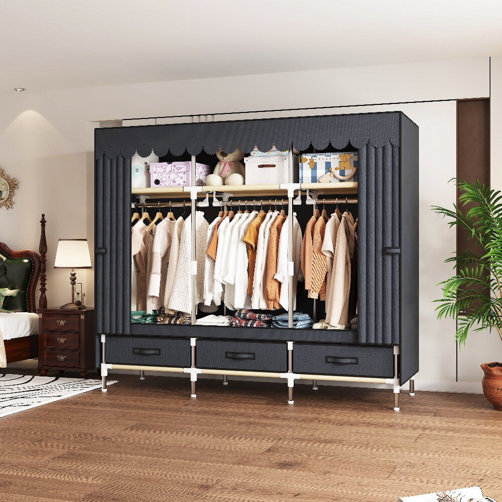 ArluKin 59Inch Portable Wardrobe Closet, 3 Storage Spaces with 3 Hanging Rods,3 Drawers，Steel Frame Fabric Organizer, Easy Assembly and Dust Resistant Design, Gray