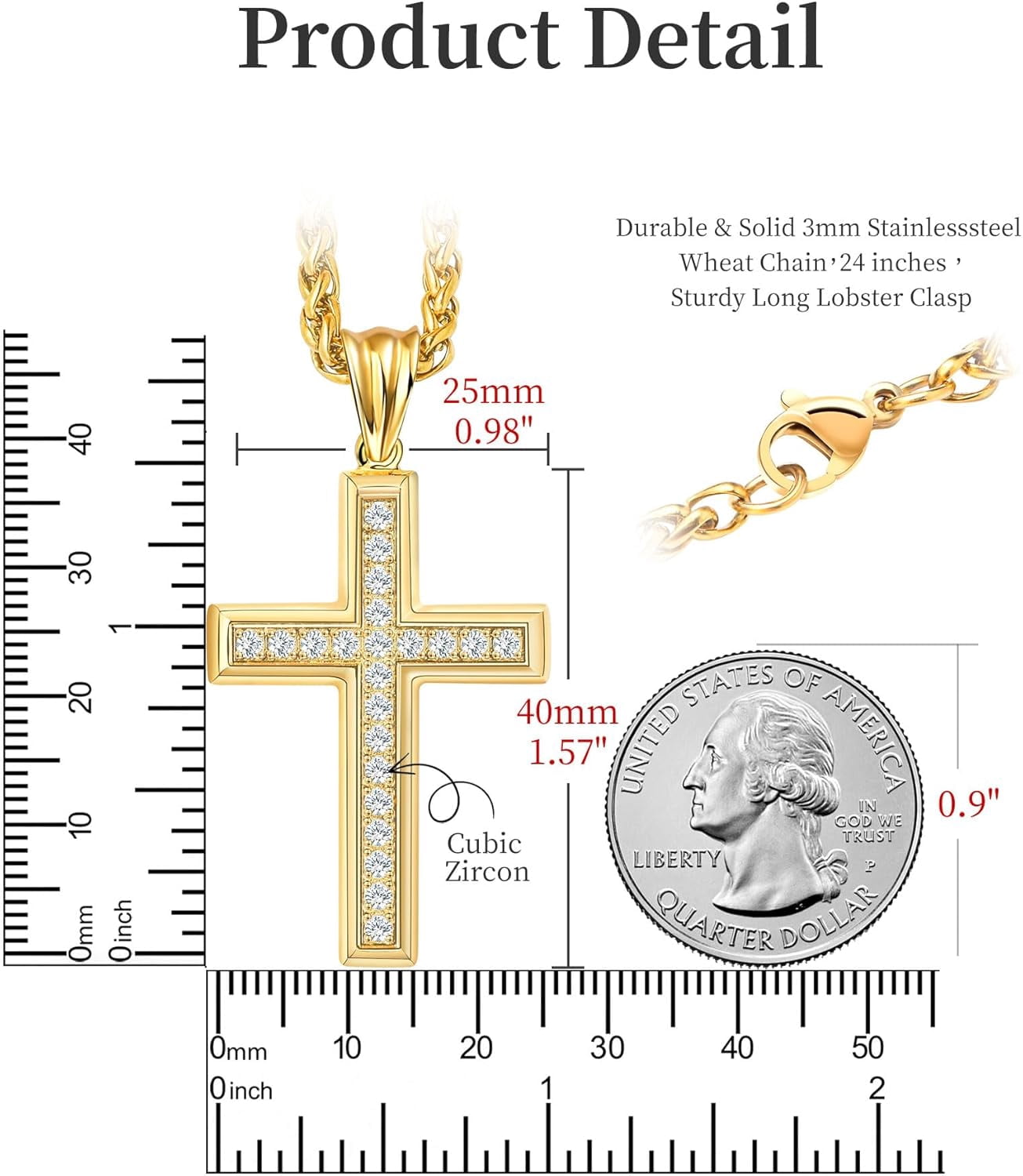 Leander Stainless Steel CZ Cross Necklace Men Women - 18K Gold Plated 5A+ Cubic Zirconia Crucifix Pendant - Christian Religious 3mm Rolo Chain Jewelry Present