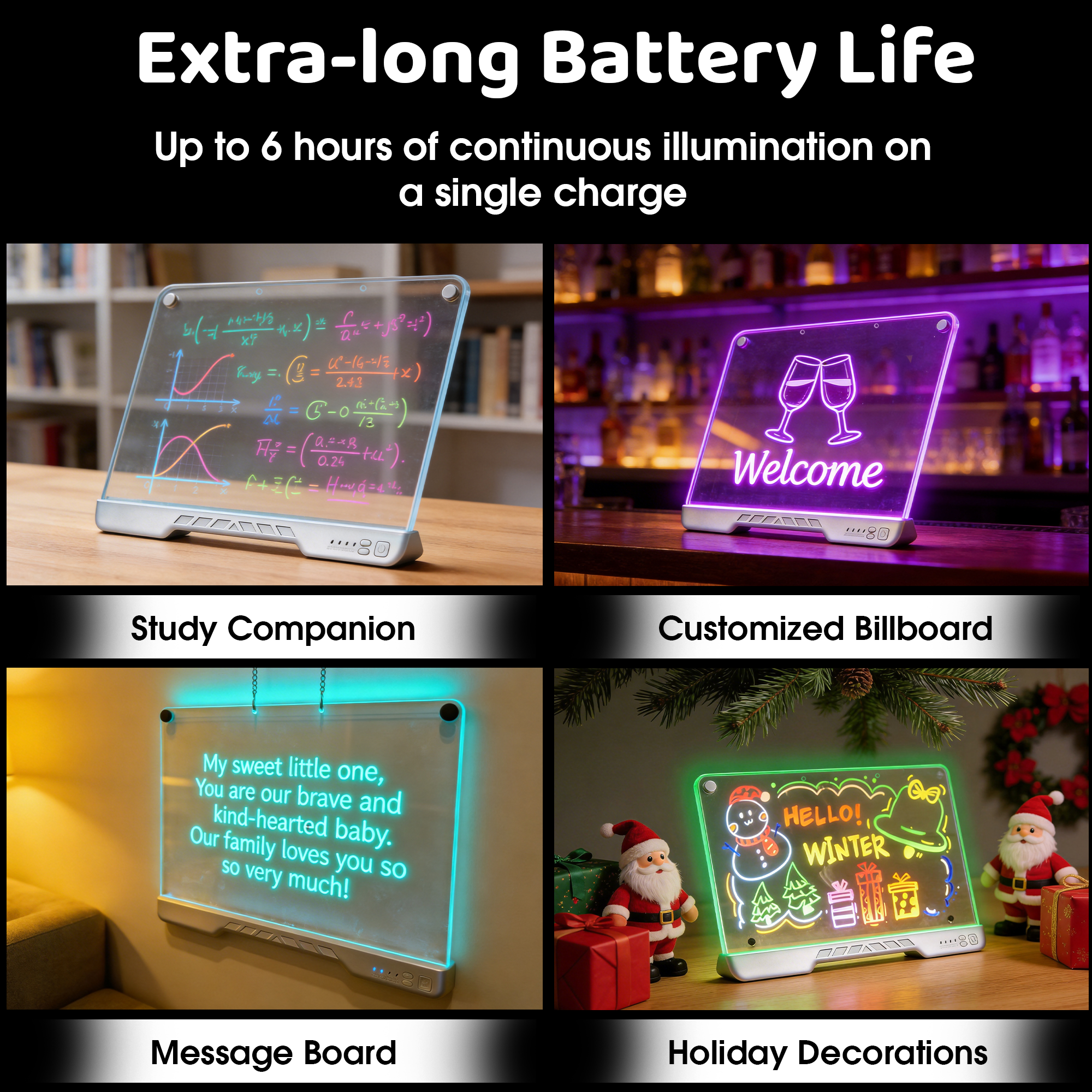LED Light Up Drawing Board Erasable Acrylic Message Board, 7 Color Light Modes Rechargeable Glow Writing Board with Markers, Stand & Hanging Kit for Kids Holiday Decor Bar Sign
