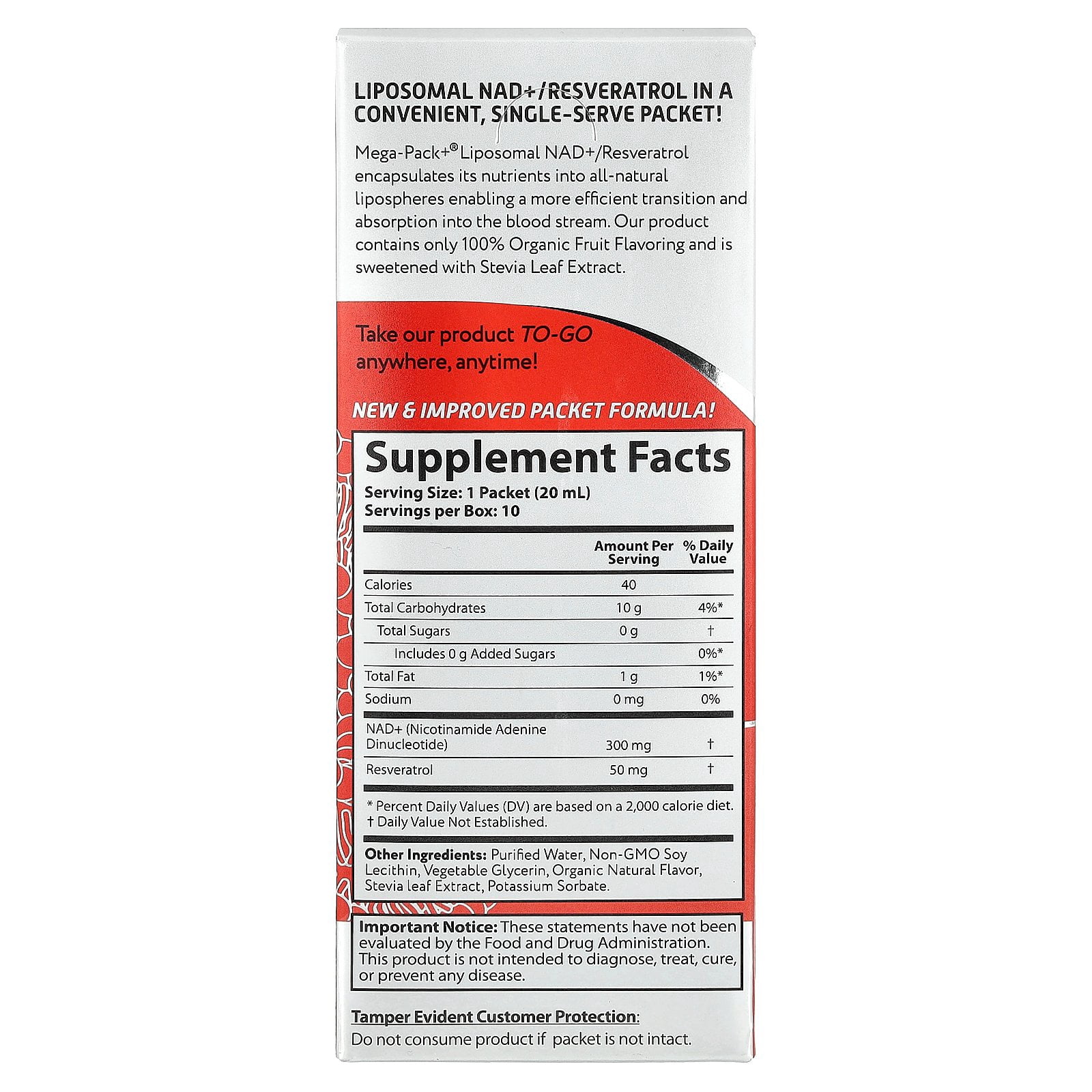 Aurora Nutrascience Mega-Pack+®, Liposomal NAD +/ Resveratrol, 10 Packets, 0.68 fl oz (20 ml) Each
