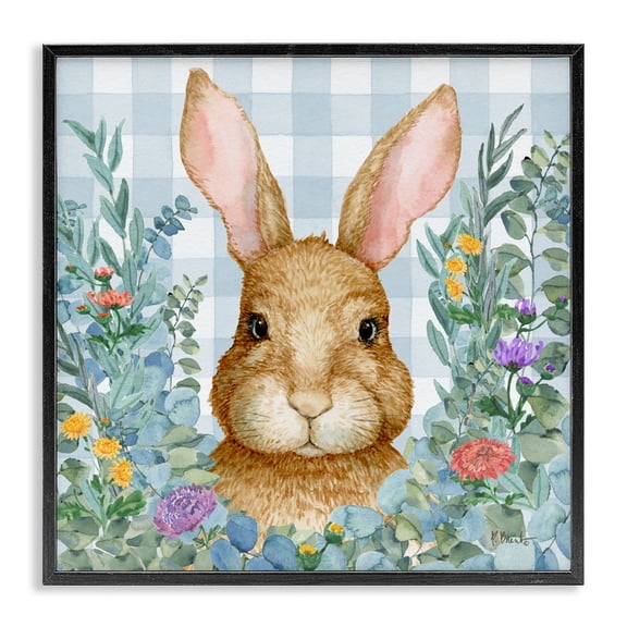 Stupell Industries Rabbit Laurel on Gingham Black Framed Giclee Art, design by Paul Brent