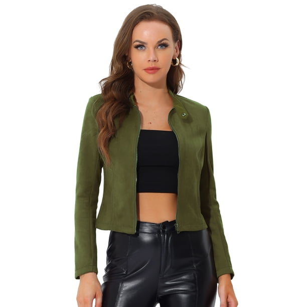 Chaqueta de Gamuza Sintética Allegra K Cuello Alto Cremallera Manga Larga Ejercito Verde L
