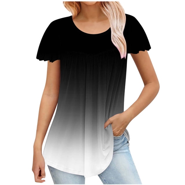 Besolor Hauts d'Été pour Femmes Tendance Dégradé Plissé Manches Courtes Chemises Décontractées Grande Taille Col Rond Blouse Habillée