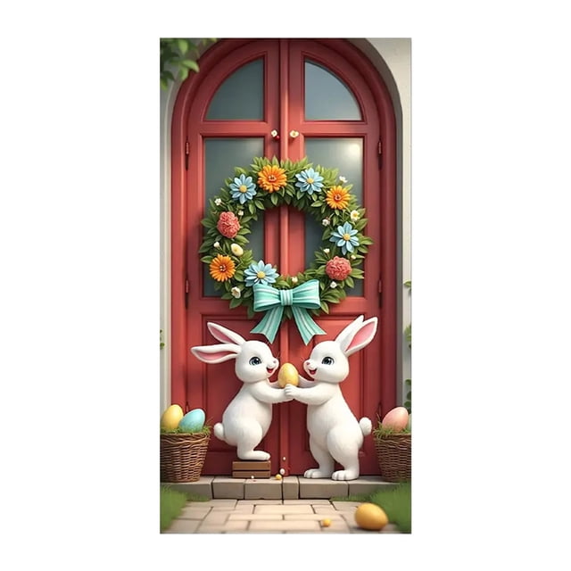 YWIYIUD 1PC Happy Easter Door Cover Easter Decorations, 71x35 Inch Easter Rabbit Eggs Door Banner Welcome Easter Banner Spring Theme Rabbit Door for Front Door Wall Indoor Outdoor Home Decor