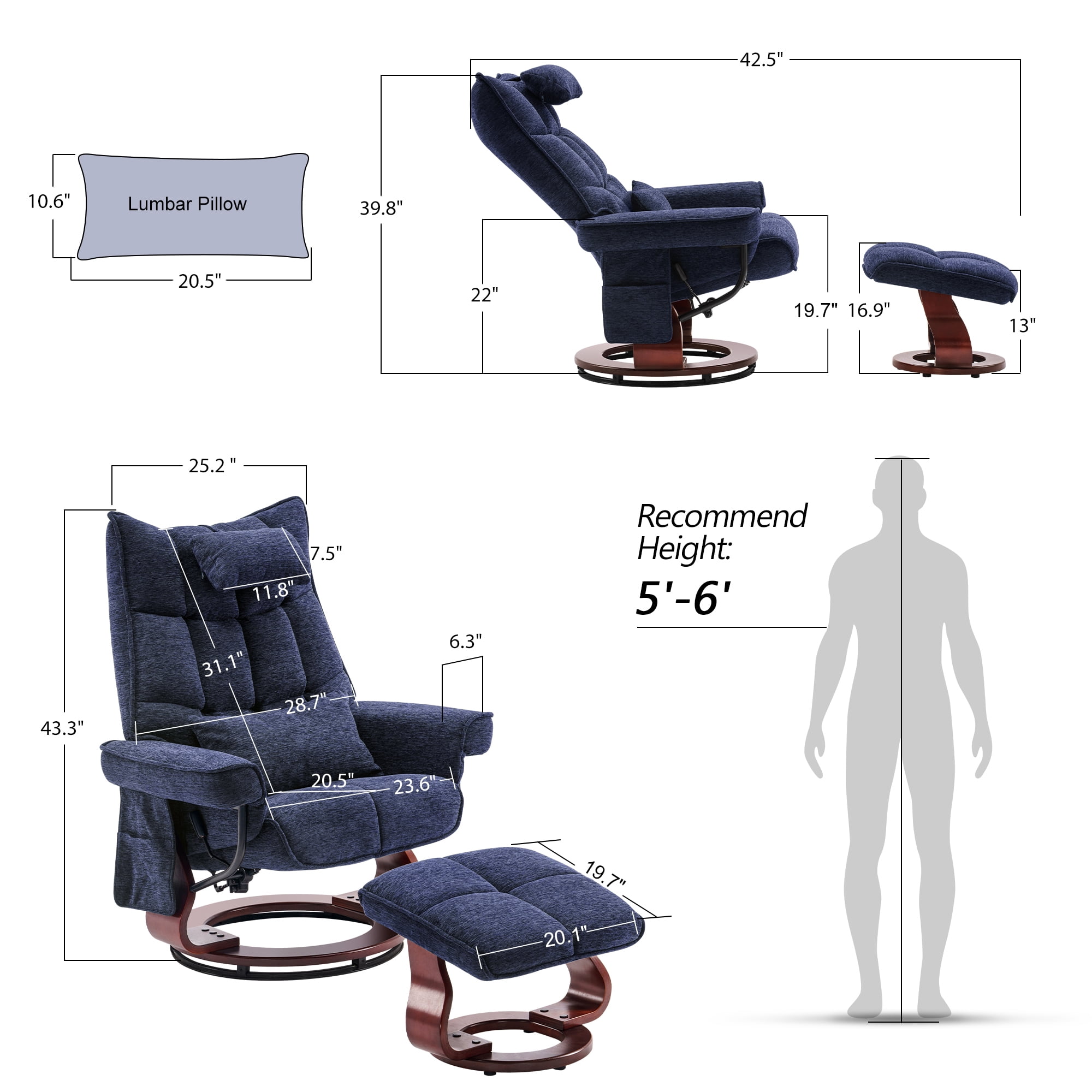 Mcombo Swivel Recliner with Ottoman, Massage TV Chairs with Neck Pillow and Side Pocket for Living Reading Room, Chenille Fabric 4188