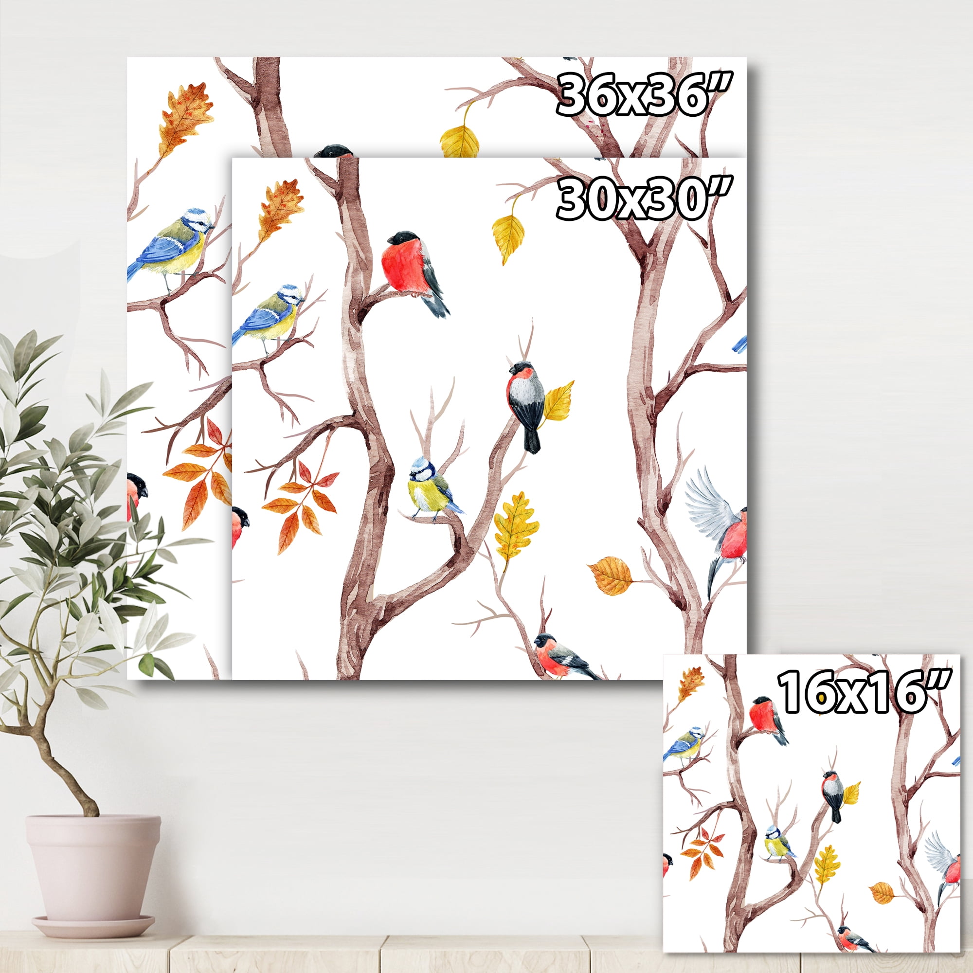 Designart ' Little Birds and Fall Trees ' Traditional Canvas Wall Art Print