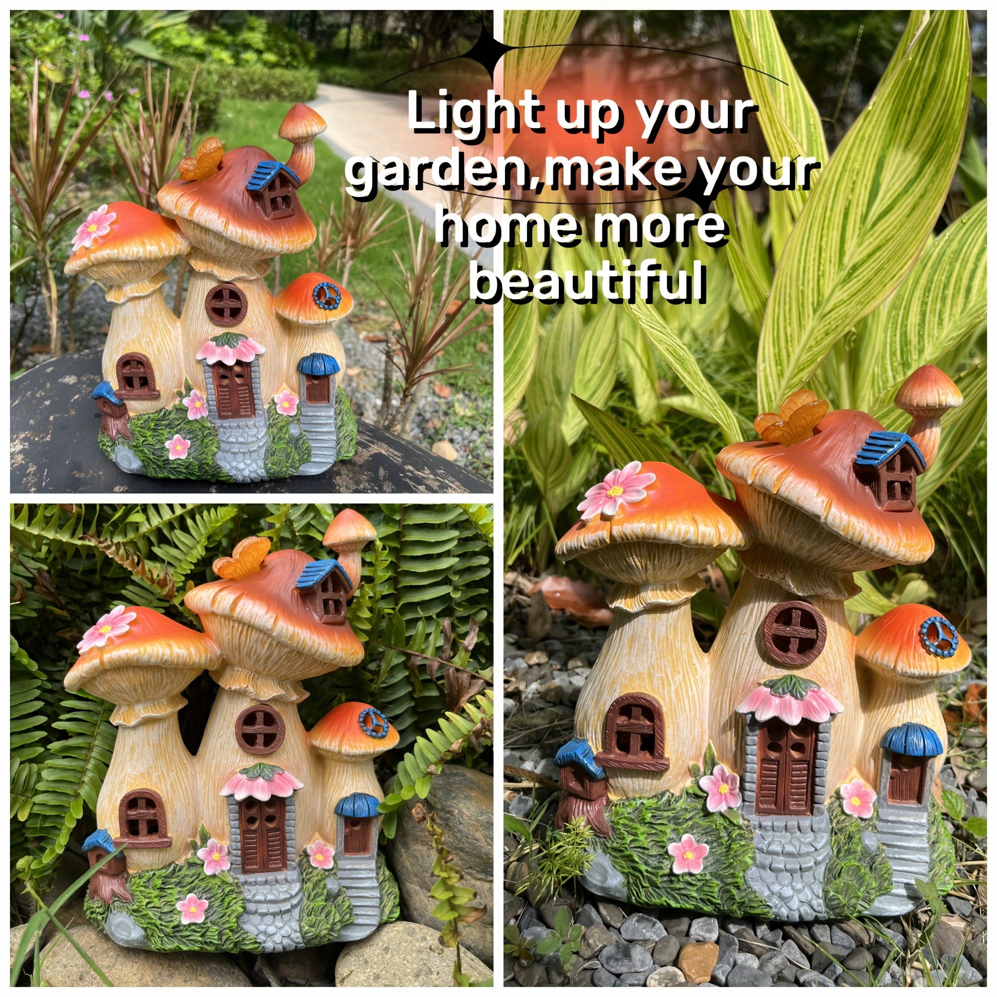 Outdoor Garden Statue Decor, Solar Mushroom House Sculptures with Glowing Butterfly