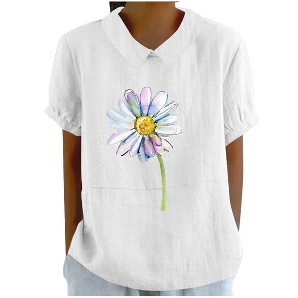 Blusas de Manga Corta para las Mujeres Muñeca Cuello de Lino Mezcla Suelta, Blusas para las Mujeres Casual