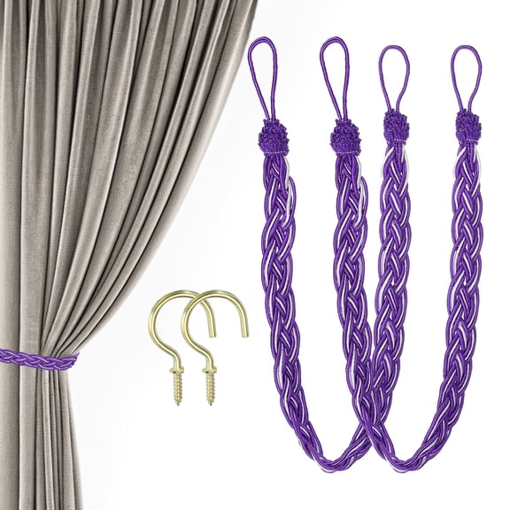 23inch Curtain Tiebacks, 2 Pack Curtain Tie Backs Handmade Braided Drapery Tiebacks Lovely Cute Versatile Holdback Rope with Hook for Curtains Drapes Wall Window, Dark Purple