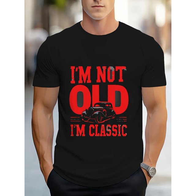 Camiseta informal novedosa para hombre, poliéster, estampado geométrico, corte regular, cuello redondo, tejido elástico, diseño de coche clásico, estilo clásico.