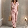 thumbnail image 2 of Women's Linen Cotton 2 Piece Pants Sets Dressy Front Twist Knot Short Sleeve Blouse Wide Leg Business Casual Outfits Pink XXL, 2 of 4