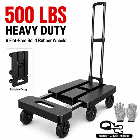 Icreopro Folding Hand Truck, 500 lbs Heavy Duty Dolly Cart, 6 Stair Climbing Wheels, Telescopic Handle, Utility Cart for Moving Shopping Travel, Black