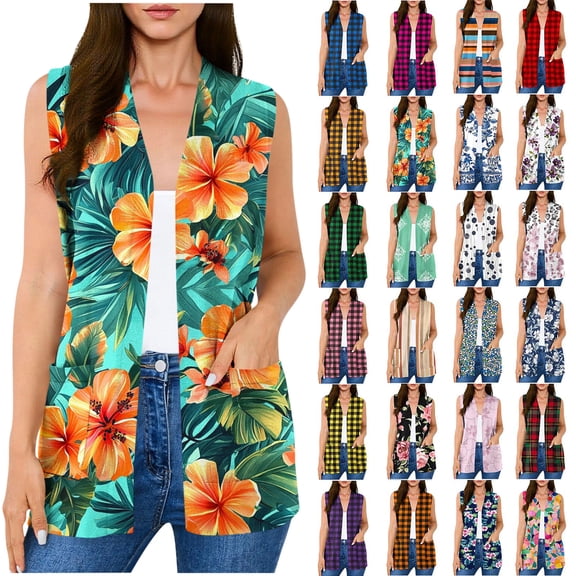 Chiccall Women's Floral Print Sleeveless Vest Cardigan Open Front V Neck Long Line Layering Waistcoat with Side Pockets
