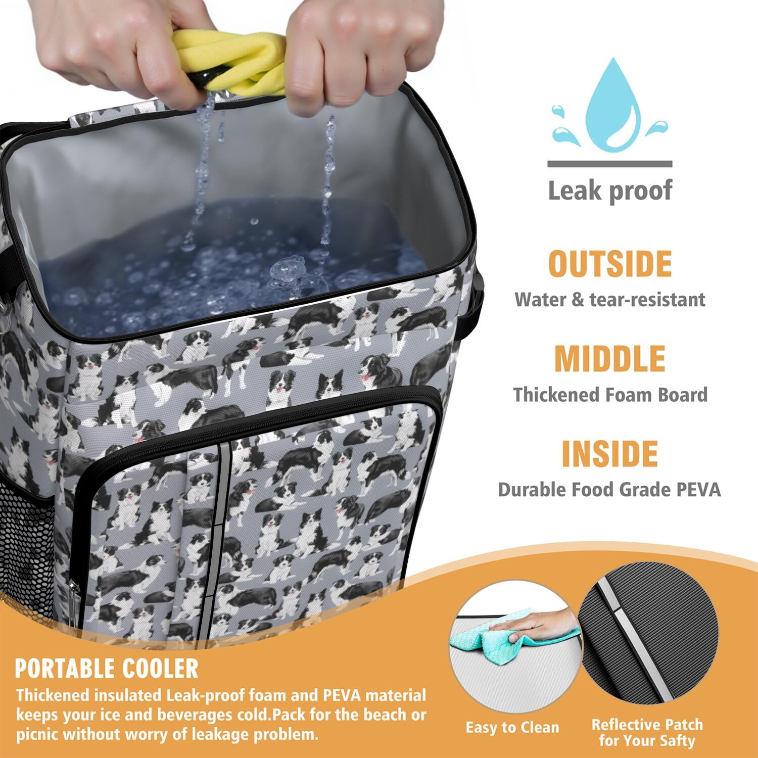 Travel Cooler Bag - Cute Border Collie Pattern Camping Beer Cooler Backpack with Bottle Opener- Waterproof Insulated Picnic Backpacks - Cooler Bag for Beach
