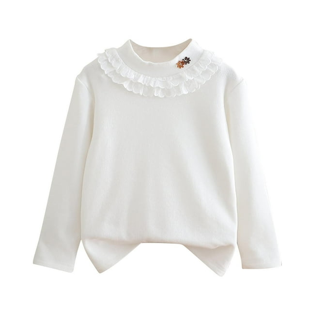 FAIWAD Girls Cotton Tops Kids Basic Mock Neck Embroidered Long Sleeve Warm Fleece Undershirt 2-12Years