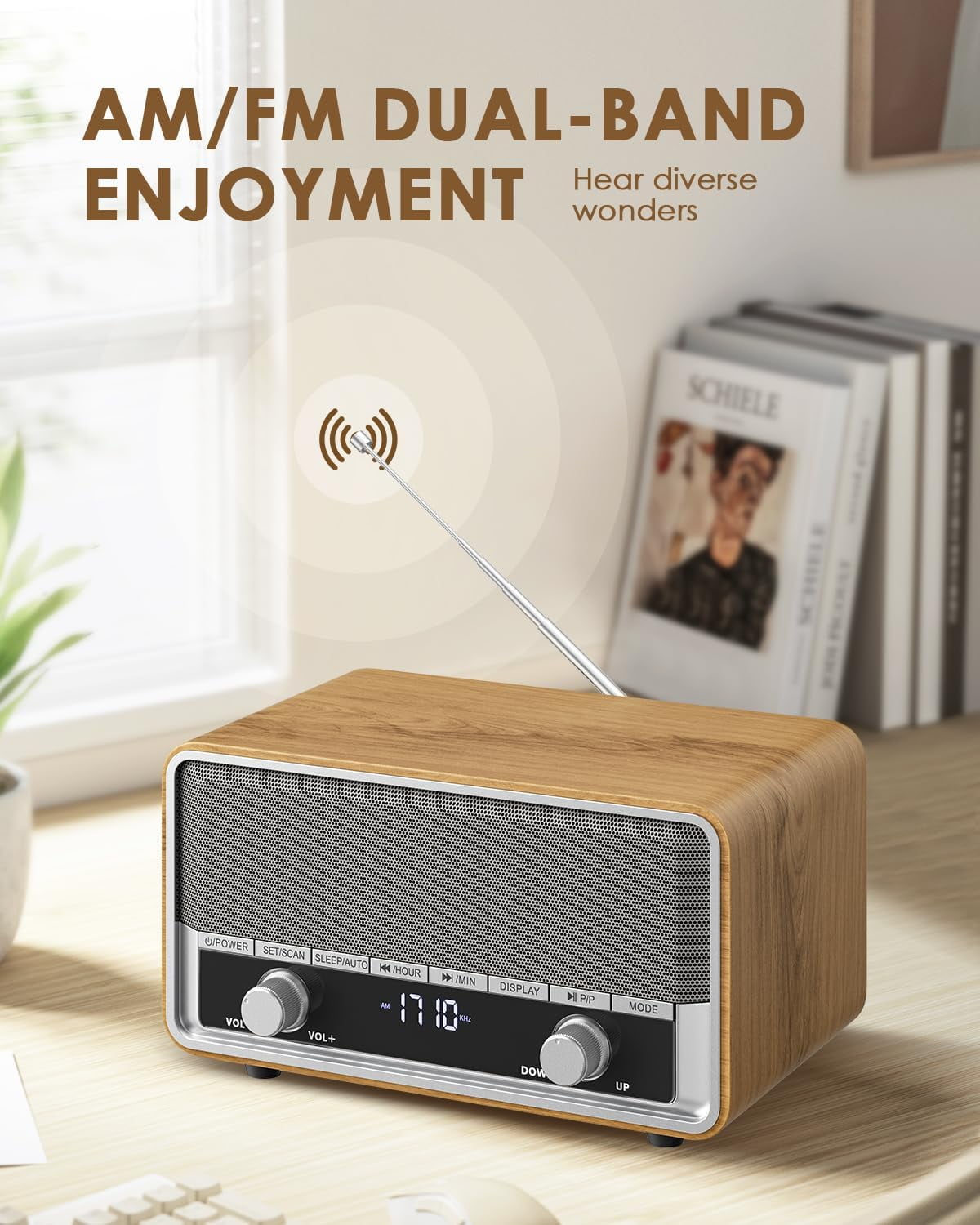 Retro AM FM Radio Plug in Wall, Digital Clock Radio for Bedroom with LCD Display| 40 Presets | Sleep Timer | No Alarm, Retro Bluetooth Speaker for Office,Great Gift Wood